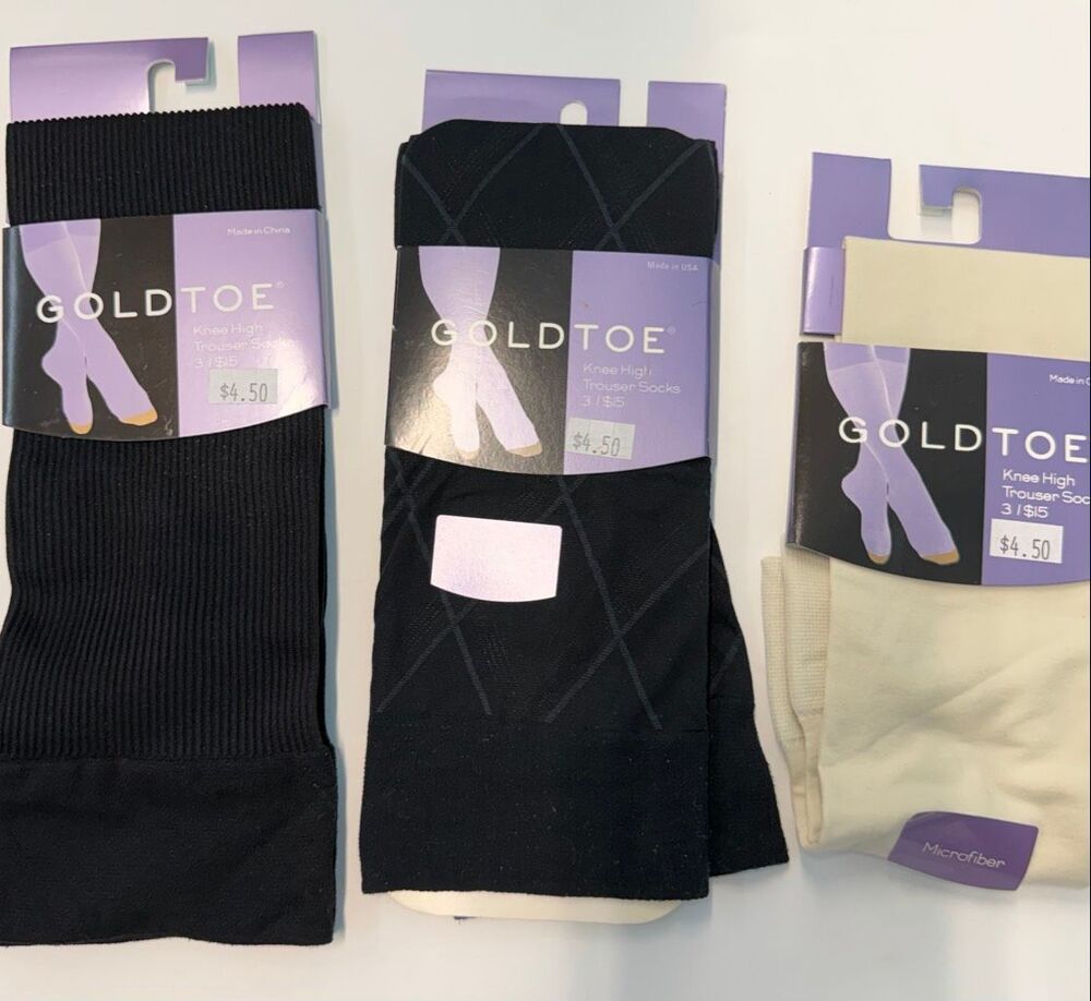 3 Pairs Goldtone Knee High Trouser Socks Womens Size 6-9 NEW TAGS Black Cream